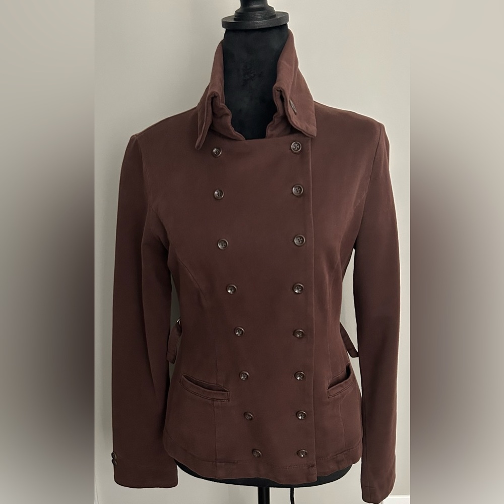 CAbi 711 Military Jersey Button Double Breasted Jacket. Chocolate Brown